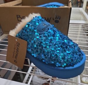 Bearpaw Blue Sequin mule shoe w/ wool blend interior and suede leather e…